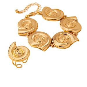 Golden spiral snail shell jewelry set with adjustable bracelet and open ring for women