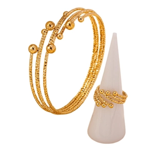 Exquisite gold-plated multi-layer bangle and adjustable ring set with bead accents