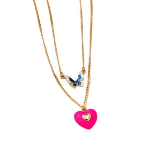 Zweilagige Goldhalsketten mit blauem Schmetterling und rosa Herzanhänger für Damen