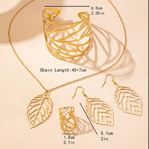 Parure de bijoux feuilles dorées avec collier bracelet bague et boucles d'oreilles