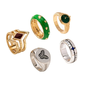 Five-piece set of trendy alloy rings featuring green enamel and bee patterns on white background