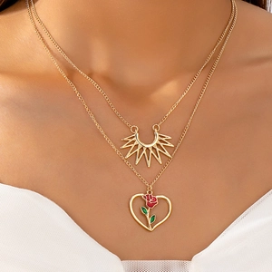 Collana A Doppio Strato Lega Di Zinco Pendente Cuore Rosa Rossa Smalto Raggi Di Sole Retro Oro Gioielli Moda Donna