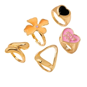 Five-piece gold ring set featuring colorful floral and love heart oil drip designs