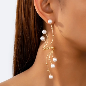 Long Dangle Earrings Alloy With Faux Artificial Pearl Geometric Curved Spiral Vine Fashion Exaggerated Jewelry For Women