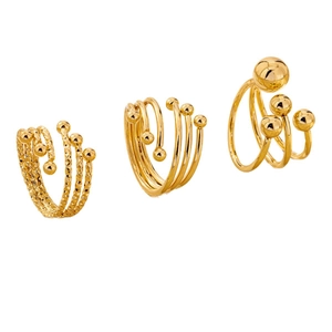 Three-piece gold beaded open ring set with polished finish and embossed diamond texture