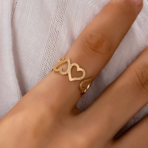 Alloy Frosted Heart Cutout Open Ring Women Minimalist Fashion Sweet Adjustable Jewelry Gold Color Birthday Gift