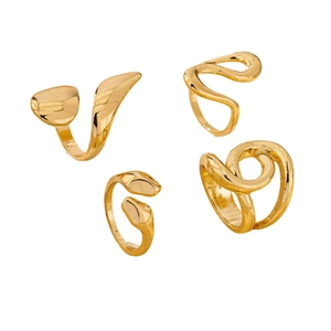 Set of four minimalist gold-plated crossover wrap rings with a high-polish mirror finish