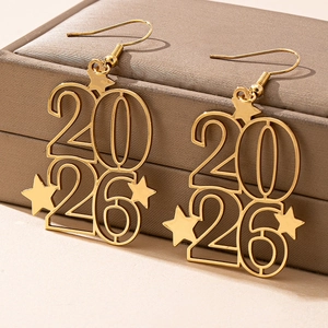 Golden 2026 hollow number drop earrings with star accent for New Year celebrations
