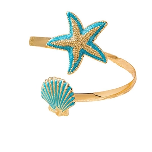 Adjustable gold cuff bracelet with blue enamel starfish and shell oceanic charms