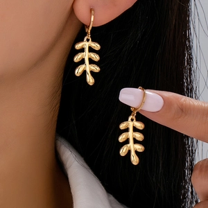 Minimalist Leaf Drop Hoop Earrings For Women Branch Ear Of Grain Pendant Jewelry With Stainless Steel Earring Post