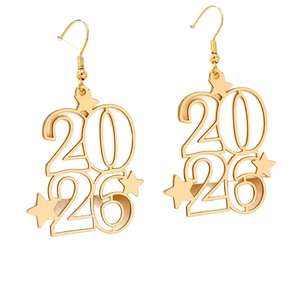 Golden 2026 year number star earrings with hook design for New Year celebrations