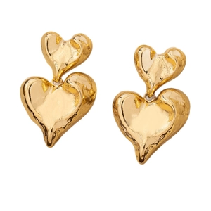 Elegant gold double heart drop earrings with a unique hammered metal texture for women