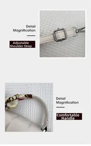 Detail magnification of adjustable shoulder strap and silk scarf wrapped handle on bag