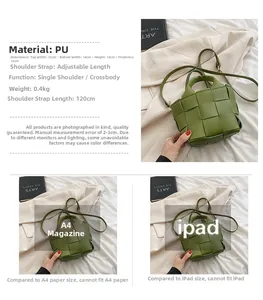 Detailed dimensions of green woven tote bag showing sizing and 120cm adjustable strap