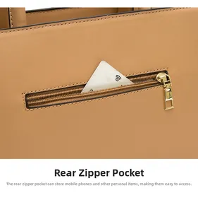 Detail of the back zippered pocket on a brown faux leather handbag with gold metal hardware