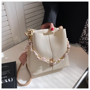 Women PU Leather Bucket Bag With Scarf Wrapped Chain Handle Minimalist Crossbody Shoulder Bag Niche Design Urban Style