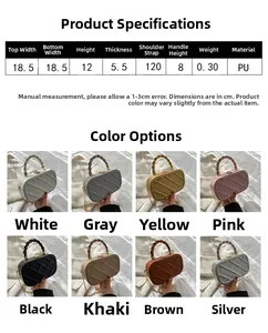 Detailed size chart for quilted PU crossbody bag with woven handle and dimensions shown