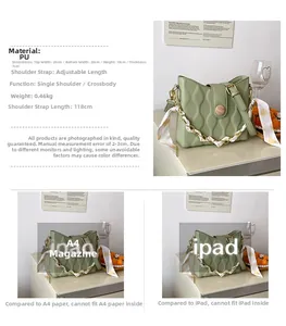 Detailed view of light green quilted crossbody bag with silk scarf and sizing chart