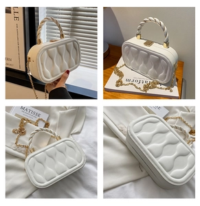 Detailed views of a white structured box bag with 3D wave texture and gold chain strap