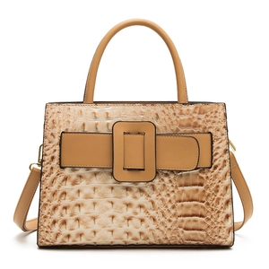Women's faux crocodile leather handbag in beige and camel tones with square buckle design
