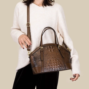 Classic dark brown crocodile embossed leather handbag with shell shape and top handles
