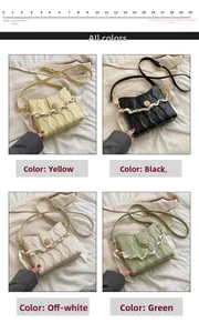 Detail of quilted chain bag with wood-grain buckle and silk scarf strap in four colors