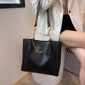 Stylish black PU leather tote bag with gold chain and large capacity for women