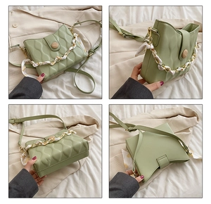 Detail view of a light green quilted crossbody bag with silk scarf chain and wood button