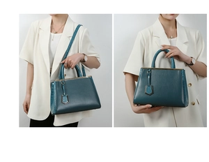 Detail of teal shoulder bag featuring crocodile texture and gold hardware on model