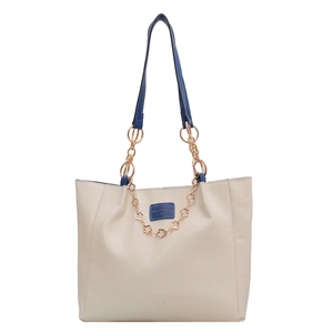 Beige and blue large capacity tote bag with golden floral chain for women's daily commute
