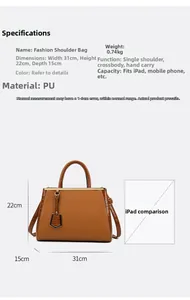 Specifiche dettagliate del sacco a mano in pelle PU marrone con dimensioni 31x22x15cm e iPad