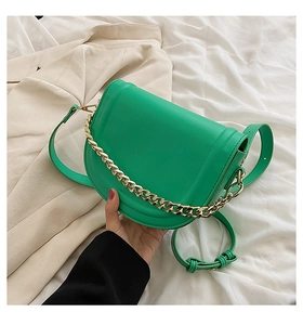 Detailed close-up of a green saddle bag featuring a matte finish and gold chain strap
