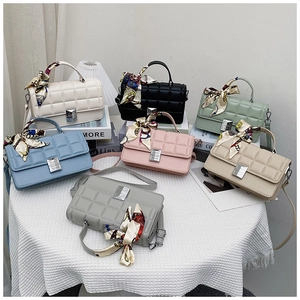 Women Quilted Shoulder Bag PU Leather Crossbody Handbag With Decorative Satin Scarf Handle Metal Square Lock Small Square Flap Bag