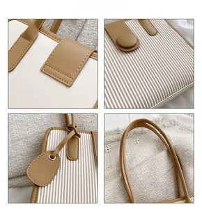 Detailed views of beige pleated fabric with brown leather handles and stitching on the tote