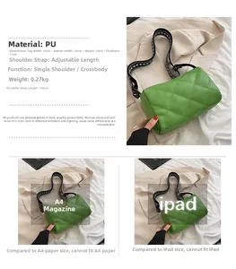 Size comparison and specifications of the green quilted PU leather baguette crossbody bag