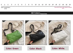 Close-up of quilted PU leather flap bags in green, black, and white with jacquard straps