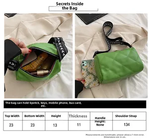 Detailed size chart and internal capacity guide for green quilted PU crossbody bag