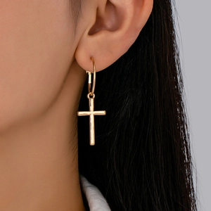 Cross Pendant Hoop Earrings Iron Alloy With Stainless Steel Earring Post Retro European American Minimalist Style