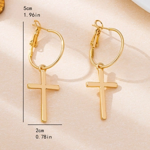 Gold cross drop earrings with circular hoops featuring measurement dimensions in inches