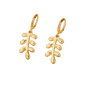 Minimalist gold leaf drop earrings with hoop closure and polished plant motif design