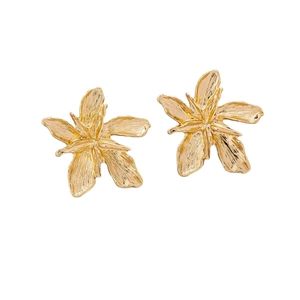 Exquisite gold alloy flower earrings with layered textured petals and minimalist floral design