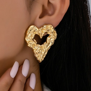 Large Hollow Heart Stud Earrings With Stainless Steel Earring Post Alloy Lava Texture For Women Fashion Jewelry