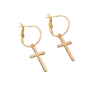 Polished gold cross pendant hoop earrings for women in a vintage minimalist design