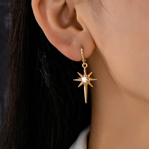 North Star Pendant Hoop Earrings Alloy Zircon Inlaid Octagram Dangle Jewelry For Women Daily Wear Style