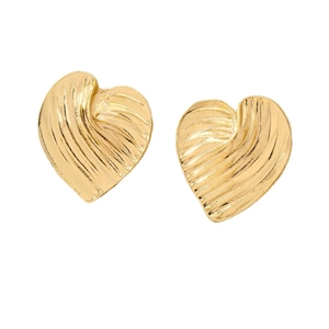 Textured gold heart stud earrings with minimalist geometric wrinkled surface pattern