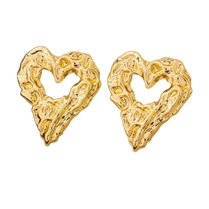 Lava texture hollow heart stud earrings in polished gold finish with artistic melt design