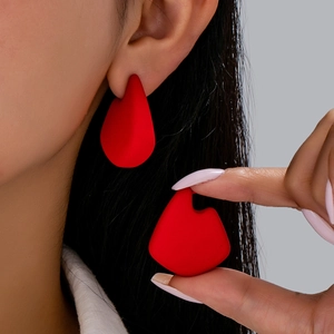Matte Red Geometric Stud Earrings Waterdrop Shape Frosted Texture Minimalist With Stainless Steel Earring Post