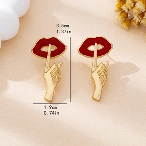 Fashionable red lip and hush gesture stud earrings in gold plated alloy for women