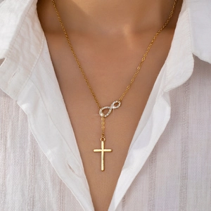 Collana Con Pendente A Croce E Simbolo Infinito Lega Di Zinco Strass Colore Oro Gioielli Religiosi Eleganti Per Donna