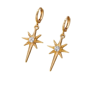 Elegant gold starburst drop earrings featuring shimmering rhinestones and secure ring clasps